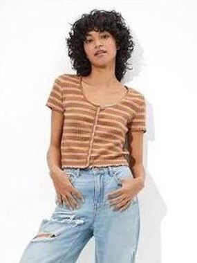 American Eagle Outfitters Tan Striped Button Front Crop Top
